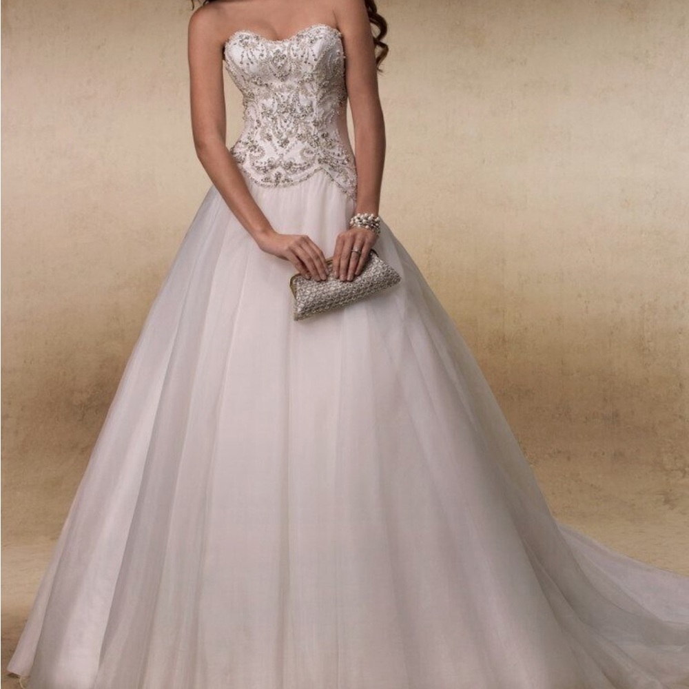 Maggie Sottero White Strapless Wedding Dress with Silver Beading